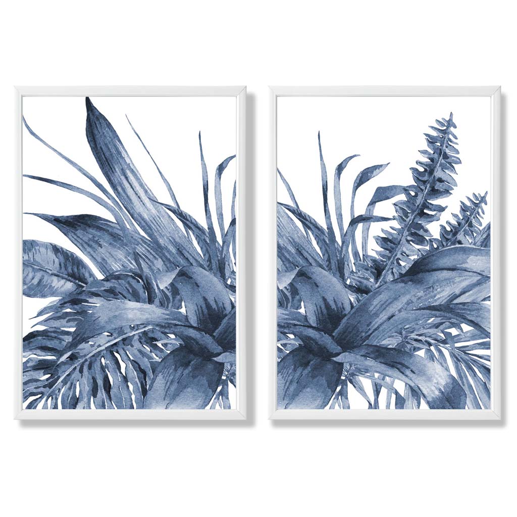 Blue Tropical Leaves Watercolor Framed Set of 2 Art Prints | Bowlift