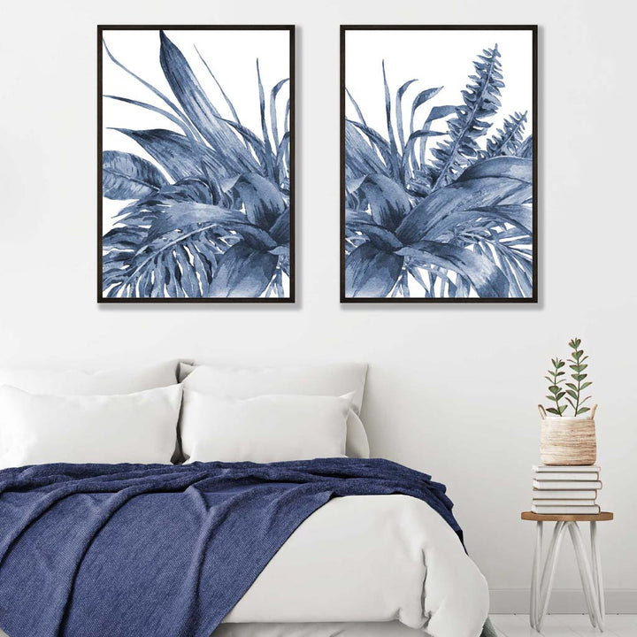 Blue Tropical Leaves Watercolor Framed Set of 2 Art Prints | Bowlift