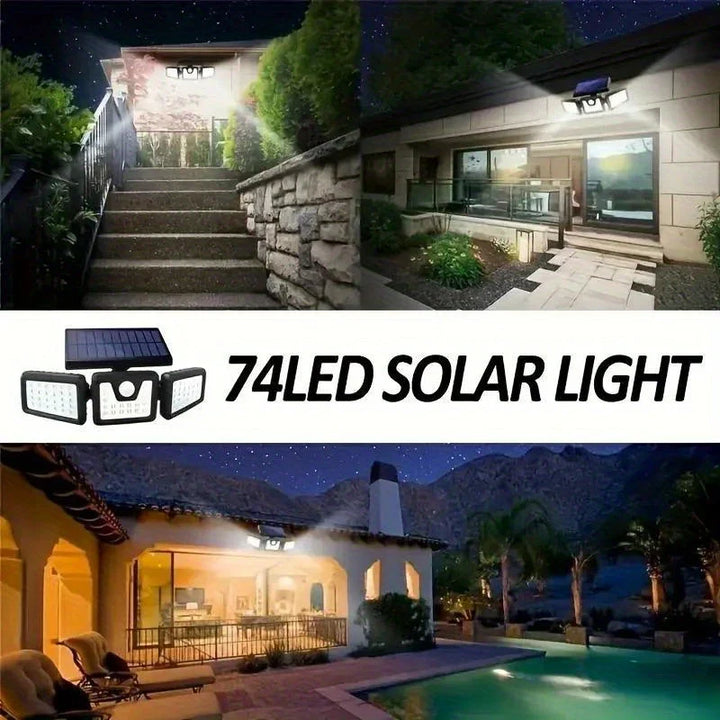 BowLift | Solar LED floodlight with motion sensor – 3-beam outdoor lighting for garden, yard, and garage