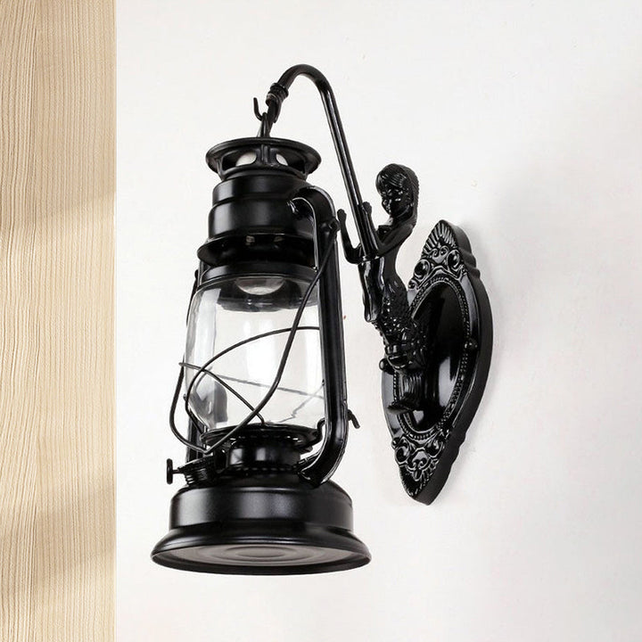 BowLift | One Bulb Wall Lamp with Lantern Shade Clear Glass Coast Bedroom Wall Lamp in Black/Antique Brass/Aged Copper with Mermaid