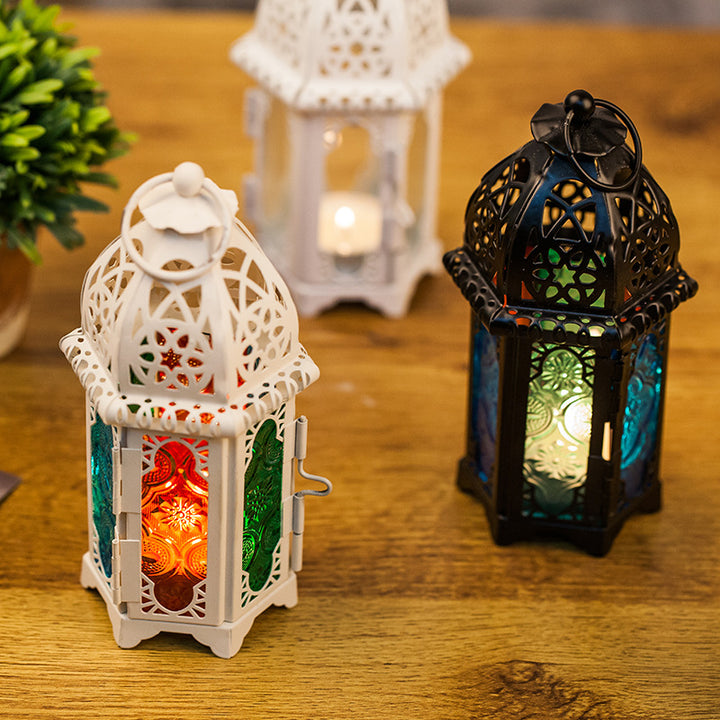 Moroccan-Style Metal and Glass Decorative Hanging Lantern with Intricate Filigree Bowlift