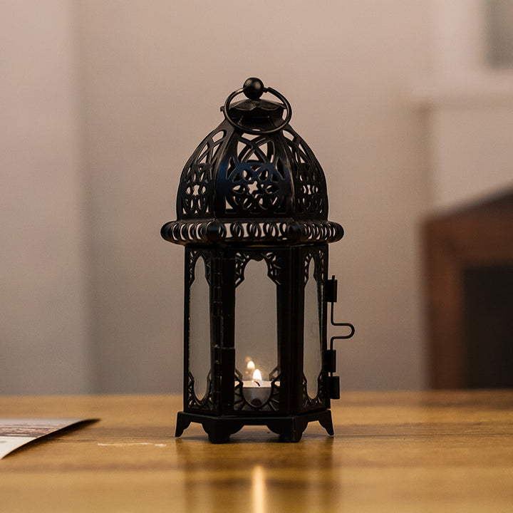 Moroccan-Style Metal and Glass Decorative Hanging Lantern with Intricate Filigree Bowlift