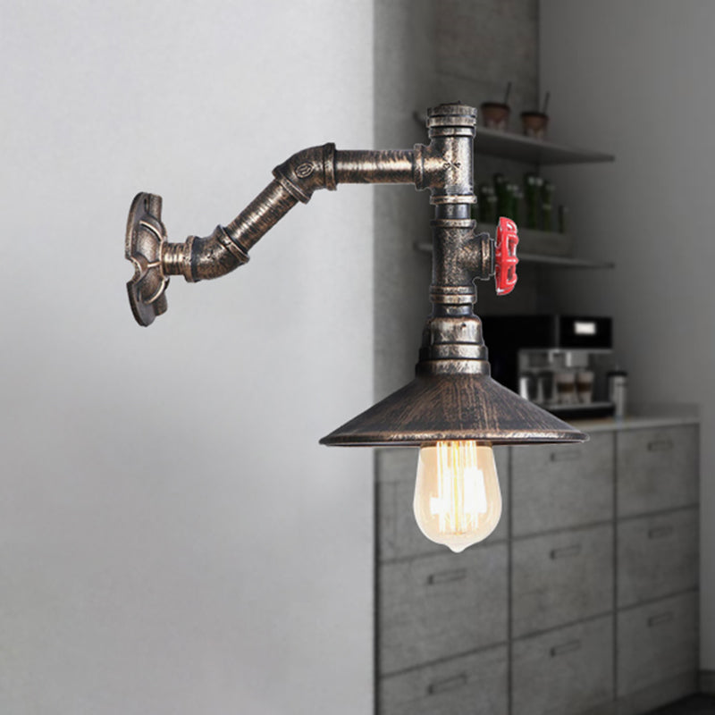 BowLift | 1 bulb conical wall mount light rustic style antique bronze metal wall lighting with piping