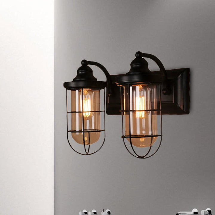 BowLift | Industrial wire cage wall lighting 1/2-lamp clear glass wall lamp in black for stairs.