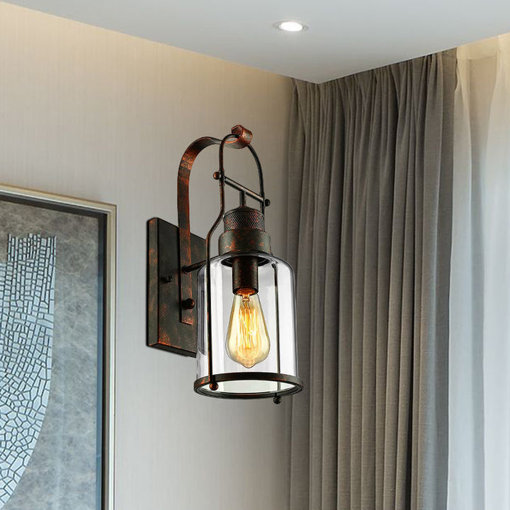 BowLift | Cylinder clear glass wall-mounted lamp industrial single bulb living room wall sconce in black/white/rust with cage