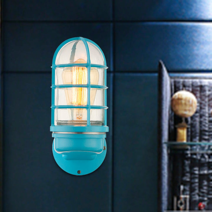 BowLift | Cylinder Clear Glass Wall Mounted Lamp Industrial Single Bulb Living Room Wall Light in Pink/Blue/Green with Cage