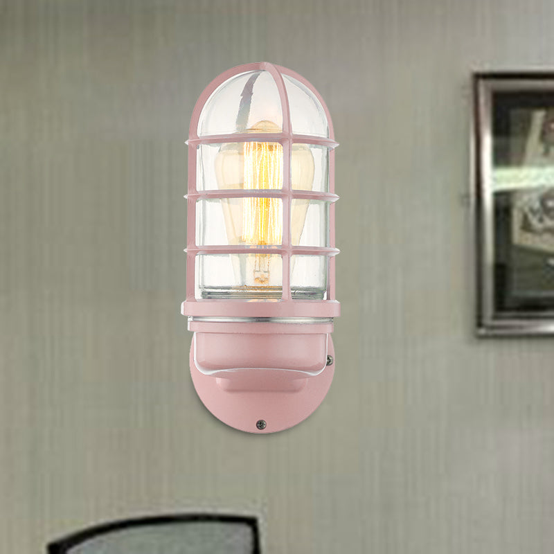 BowLift | Cylinder Clear Glass Wall Mounted Lamp Industrial Single Bulb Living Room Wall Light in Pink/Blue/Green with Cage