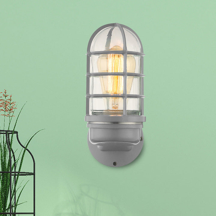 BowLift | Cylinder Clear Glass Wall Mounted Lamp Industrial Single Bulb Living Room Wall Light in Pink/Blue/Green with Cage