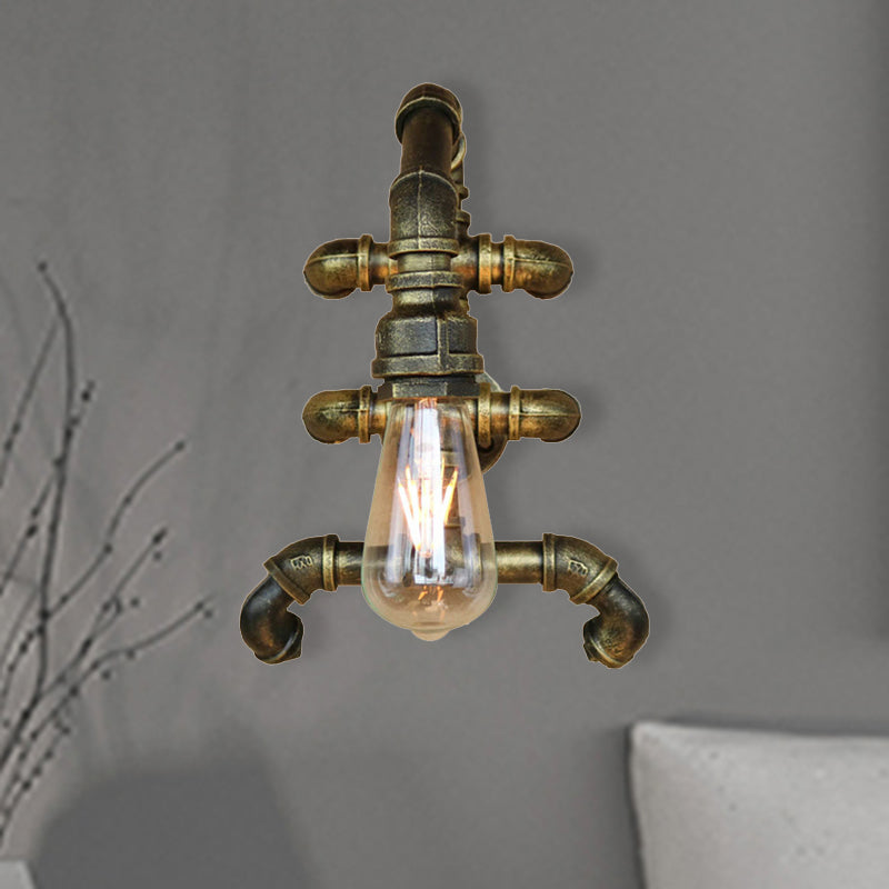 BowLift | Expose Bulb Bathroom Wall Lighting Steampunk Iron 1 Light Antique Brass Wall Lamp with Curved Pipe