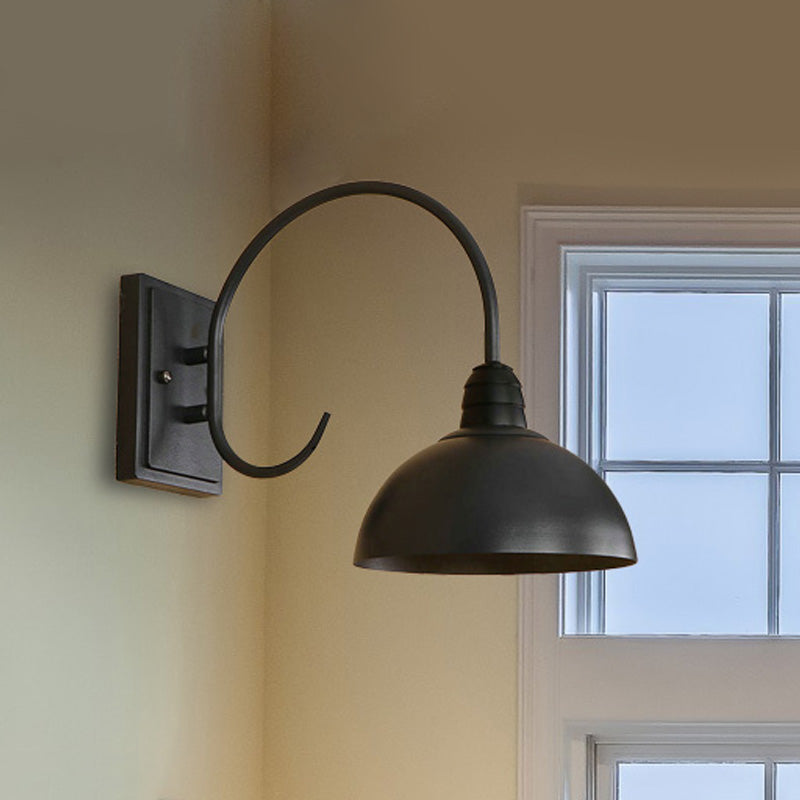 BowLift | 1 Head Wall Sconce Retro Dome Shade Metal Sconce Light Fixture with Curved Arm in Black