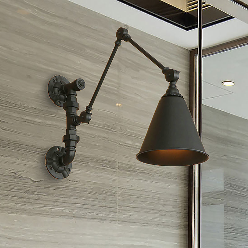 BowLift | 1 Bulb Swing Arm Wall Lamp Lighting Industrial Black Metal Wall Mount Light with Cone Shade