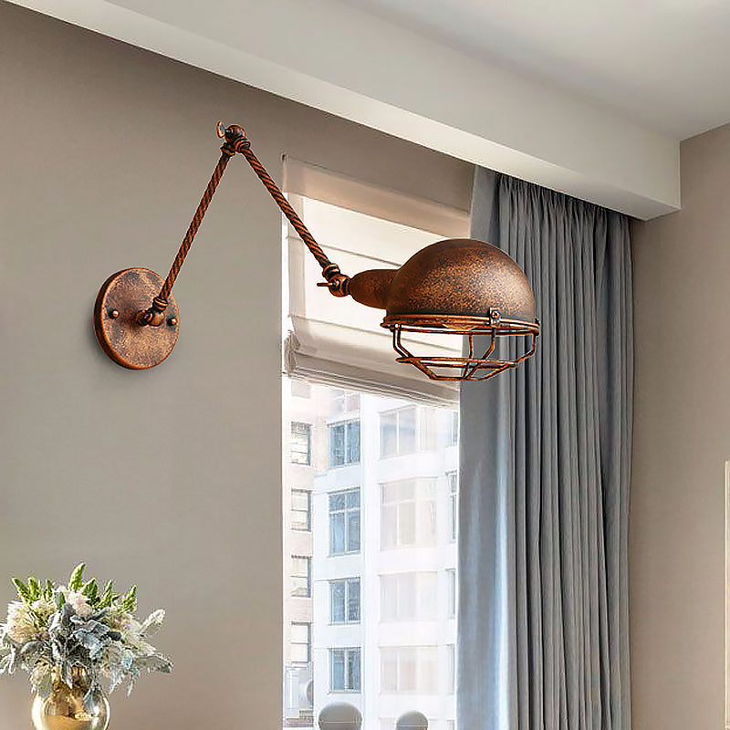 BowLift | 1 Bulb Pendant Light with Cage Shade Metal Antique Stylish Farmhouse Adjustable Wall Lamp in Rust
