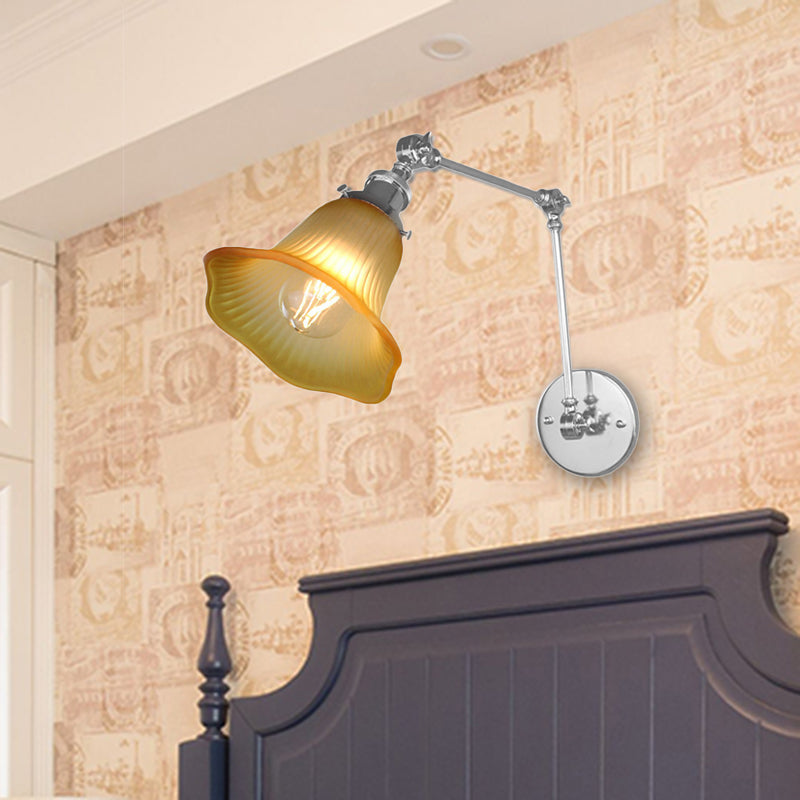 BowLift | 1 Light Flare Wall Light Fixture Industrial Design Chrome Amber Textured Glass Wall Lamp for Bedroom