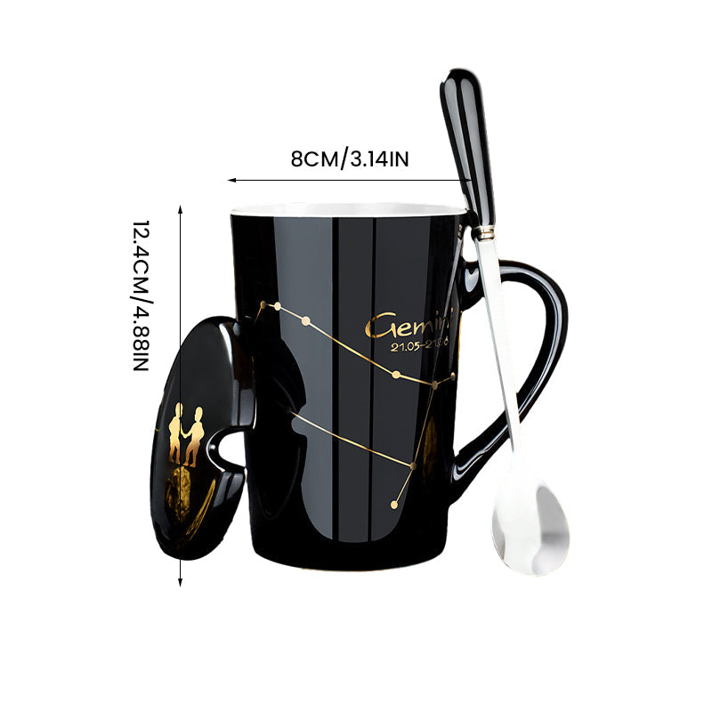 12 Constellations Black Ceramic Mug with Lid Spoon | Bowlift