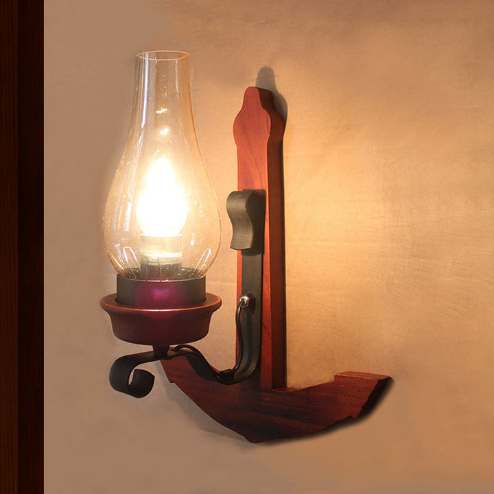 BowLift | Vase Porch Wall Lamp Light Fixture Industrial Clear Glass Red Colored Wall Lamp with Wooden Back Plate