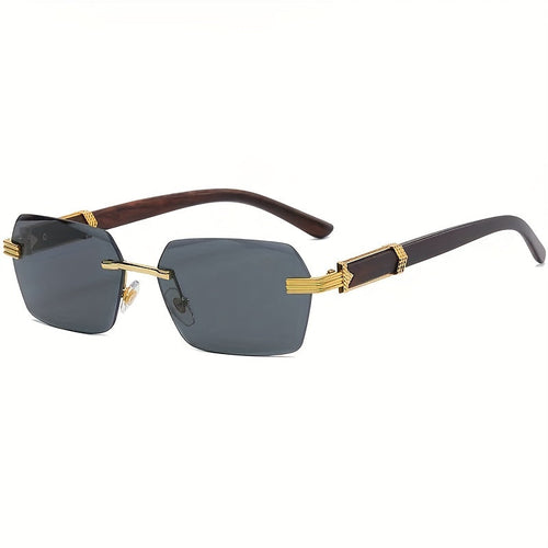 Rimless Sunglasses with Rectangular Lenses and Faux Wood Temples – Verro | Bowlift