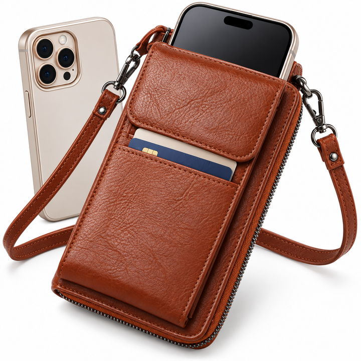 Compact Faux Leather Crossbody Phone Wallet with Zippered Compartments Bowlift