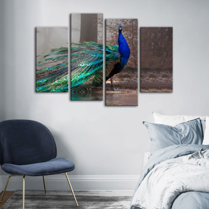 4 Piece Vivid Peacock by the Pond - Canvas Wall Art Painting | Bowlift