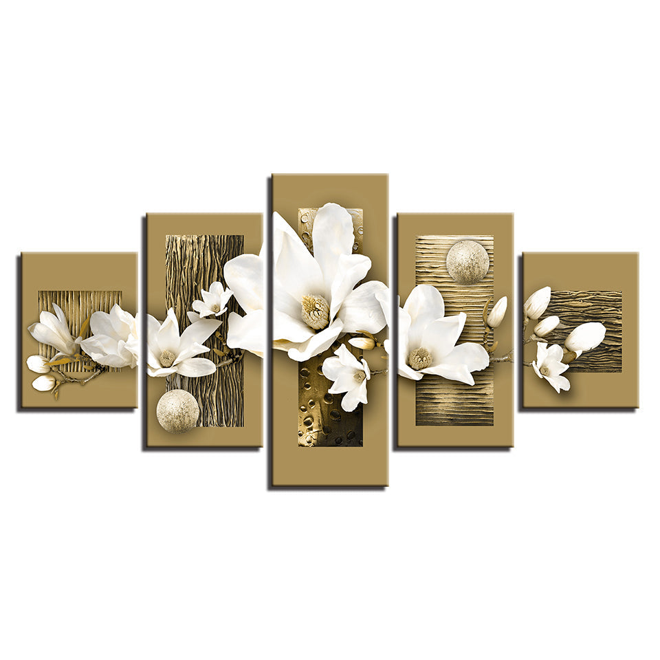 Golden Accents And White Magnolias 5 Piece - Canvas Wall Art Painting | Bowlift