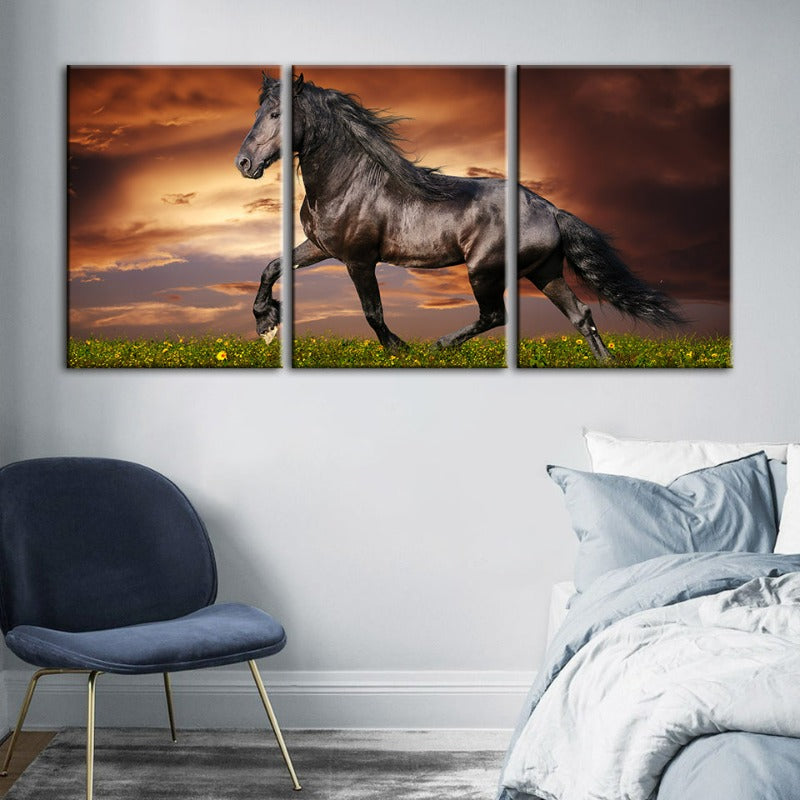 Running Black Horse-Canvas Wall Art Painting 3 Pieces | Bowlift