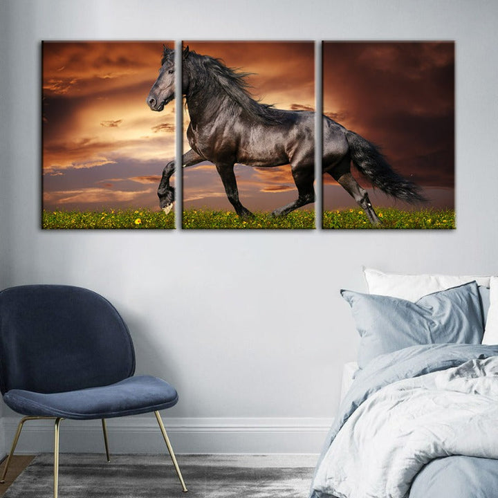 Running Black Horse-Canvas Wall Art Painting 3 Pieces | Bowlift