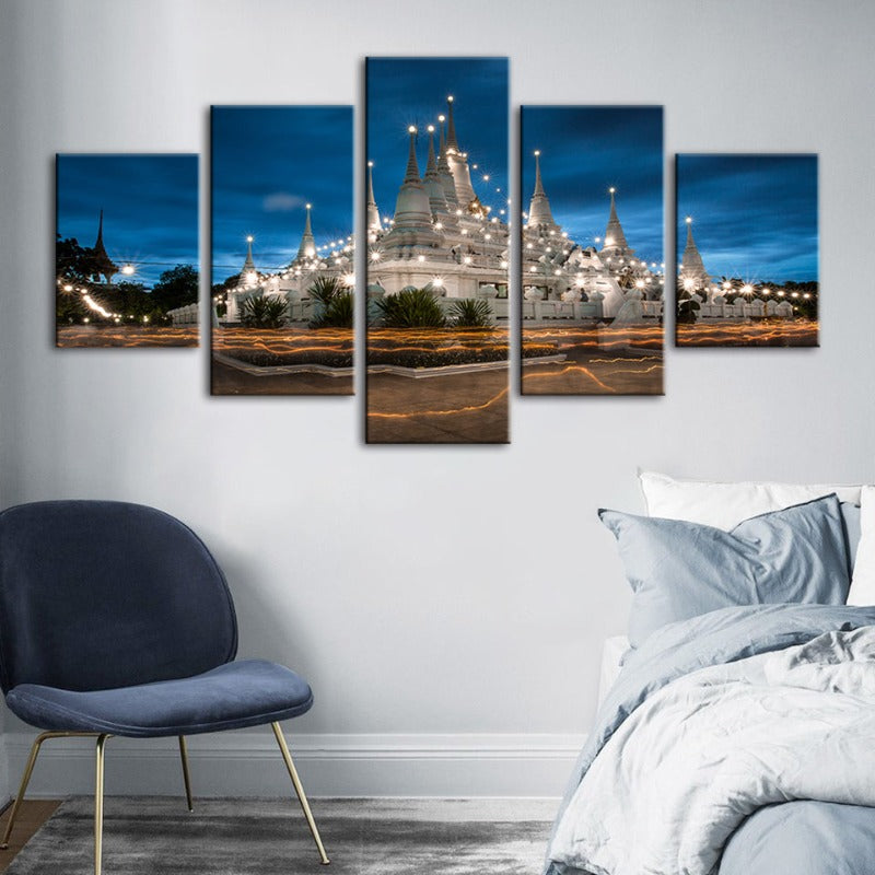 5 Piece Beautiful Temple Night Time - Canvas Wall Art Painting | Bowlift