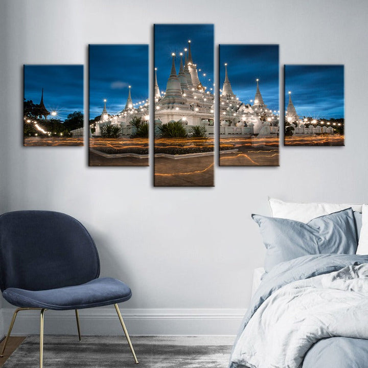 5 Piece Beautiful Temple Night Time - Canvas Wall Art Painting | Bowlift