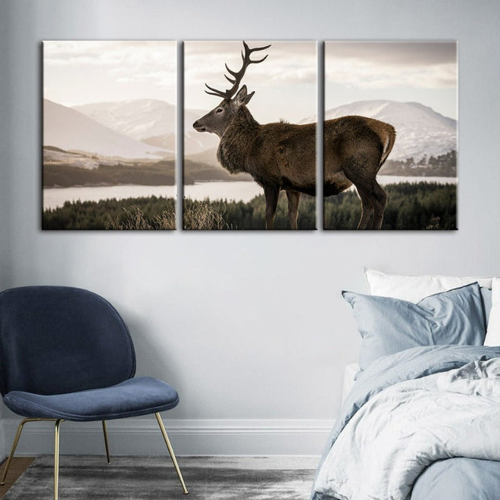 Somber Winter Deer-Canvas Wall Art Painting 3 Pieces | Bowlift