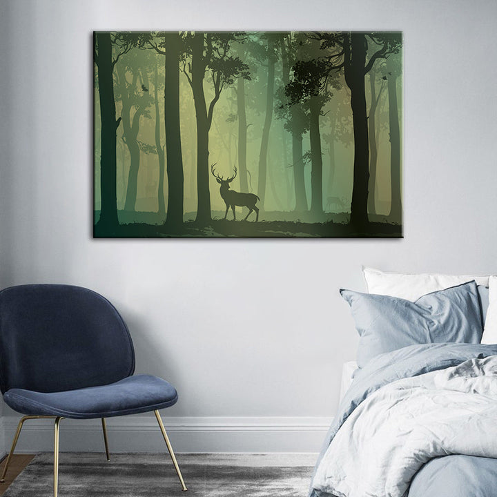 Enchanted Green Toned Silhouetted Deer - Canvas Wall Art Painting | Bowlift