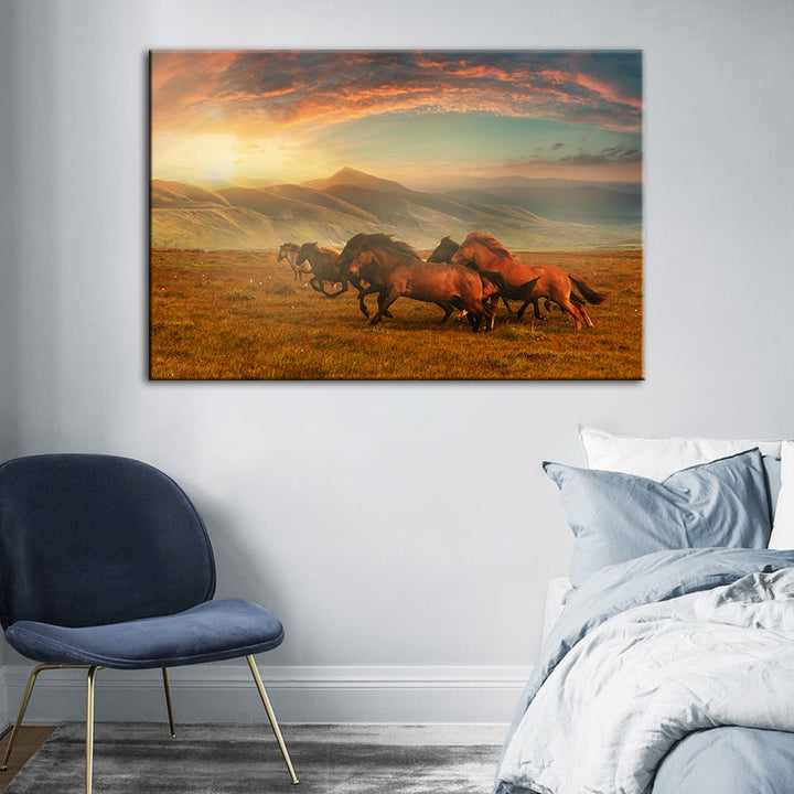 Running Horses With Beautiful Landscape - Canvas Wall Art Painting | Bowlift
