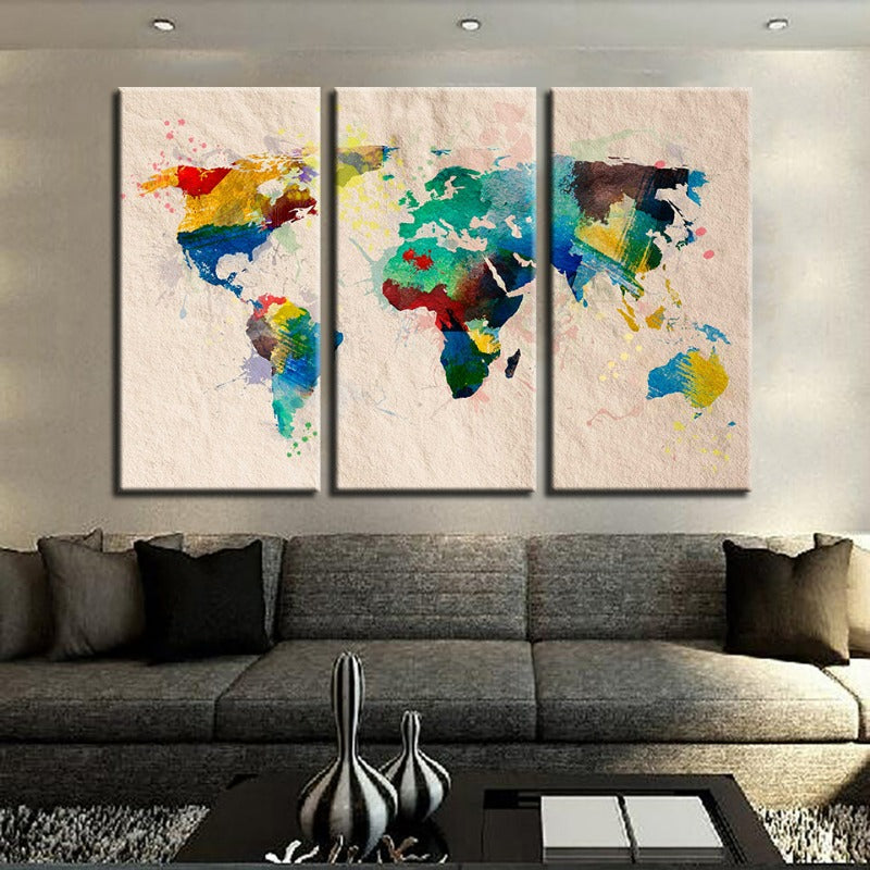 Beautiful Abstract Rainbow Color World Map-Canvas Wall Art Painting 3 Pieces | Bowlift