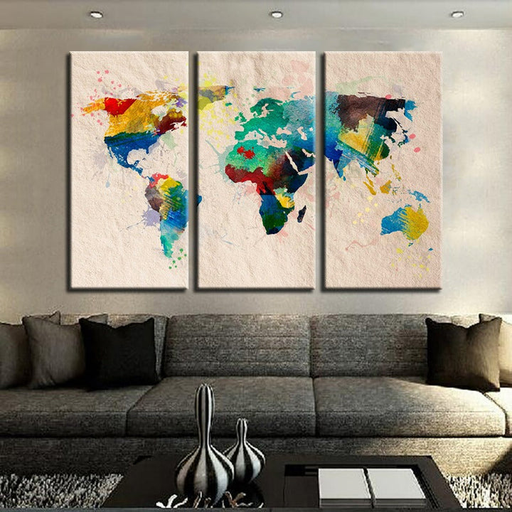 Beautiful Abstract Rainbow Color World Map-Canvas Wall Art Painting 3 Pieces | Bowlift