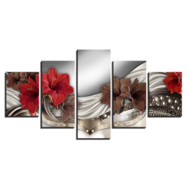 5 Piece Brown & Red Hibiscus Flower - Canvas Wall Art Painting | Bowlift
