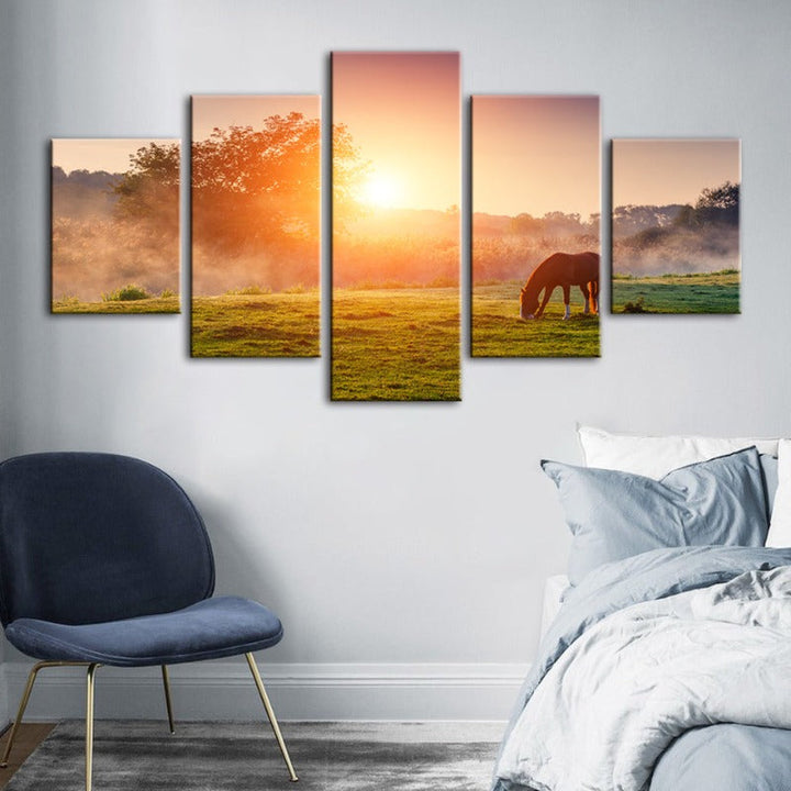 5 Piece Sunrise Grazing Horse - Canvas Wall Art Painting | Bowlift