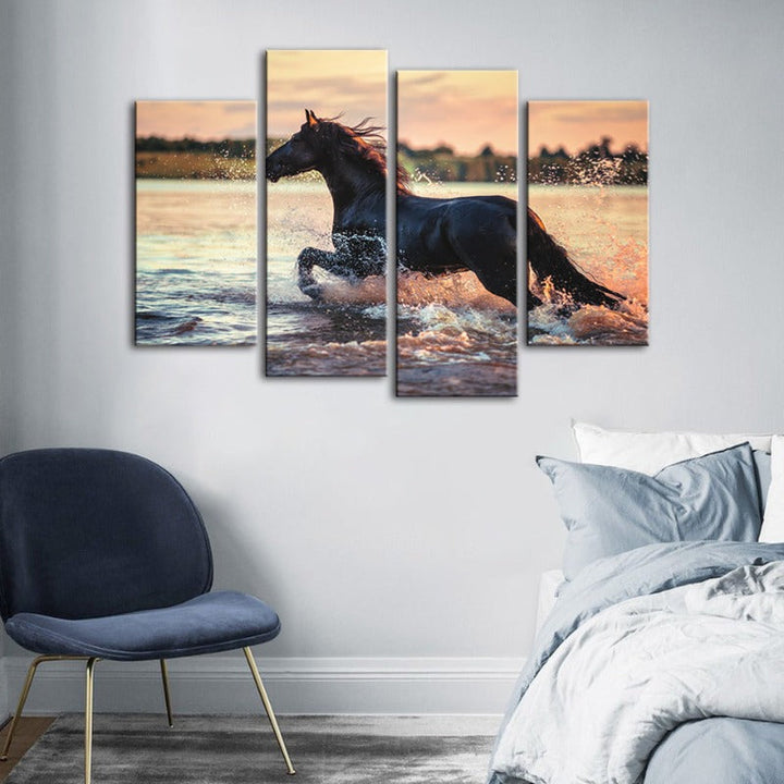 4 Piece Running Horse in Water - Canvas Wall Art Painting | Bowlift