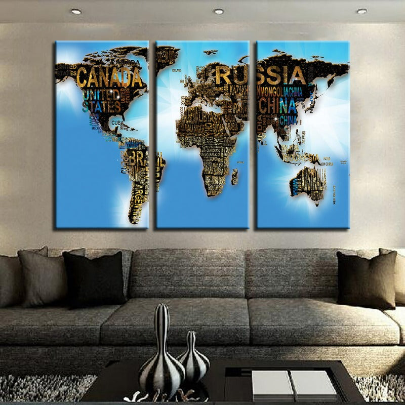 Country Name & Blue Sea World Map-Canvas Wall Art Painting 3 Pieces | Bowlift