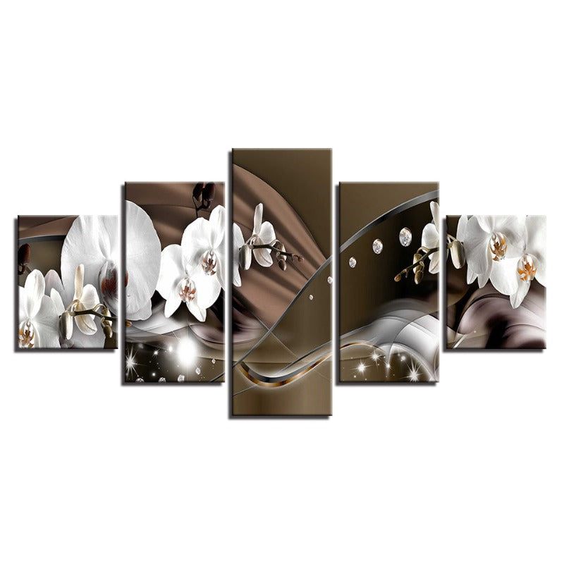 5 Piece Brown Metallic Background White Flower - Canvas Wall Art Painting | Bowlift