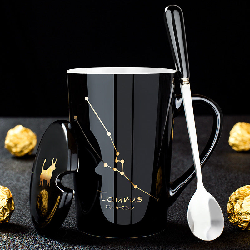 BowLift | 12 Zodiac Signs Black Ceramic Mug with Lid Spoon