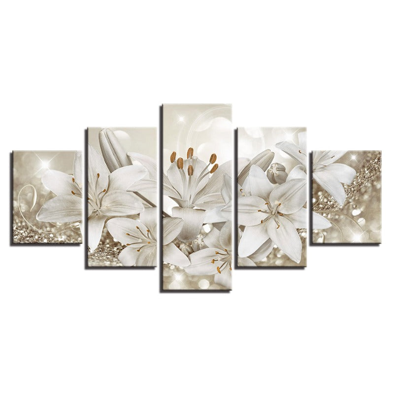 5 Piece Golden & White Background Flower - Canvas Wall Art Painting | Bowlift