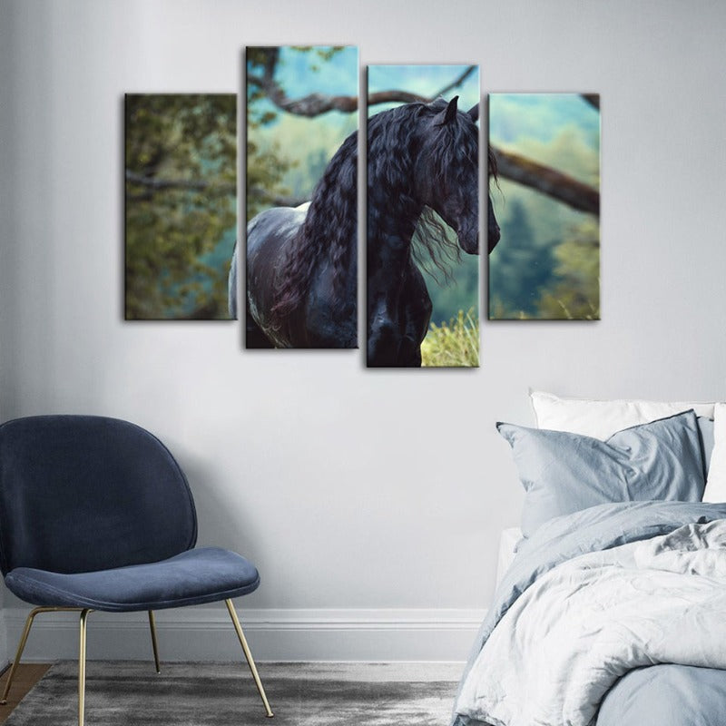 4 Piece Black Horse In Forest - Canvas Wall Art Painting | Bowlift