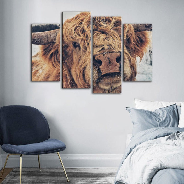 4 Piece Close Up Brown Cow - Canvas Wall Art Painting | Bowlift