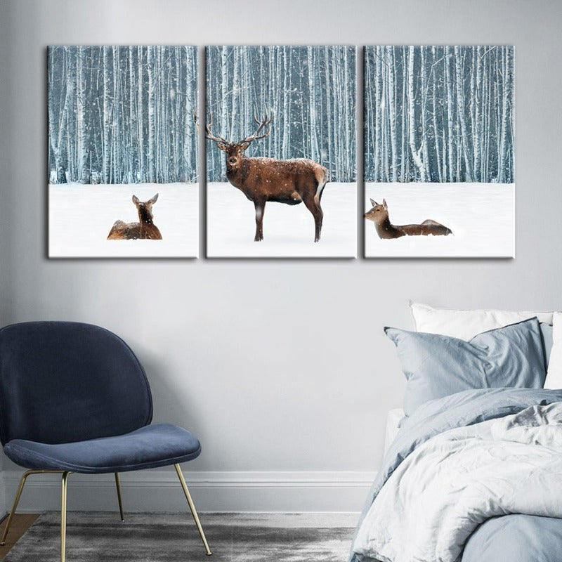 Two Does And A Deer In Winter-Canvas Wall Art Painting 3 Pieces | Bowlift