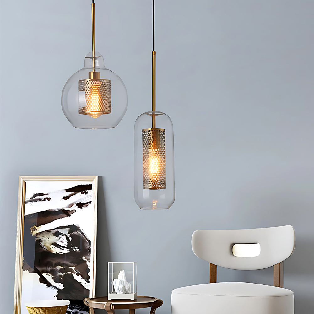 Vintage industrial pendant lamp with round glass and gold – LED pendant light for dining room and living room | Bowlift