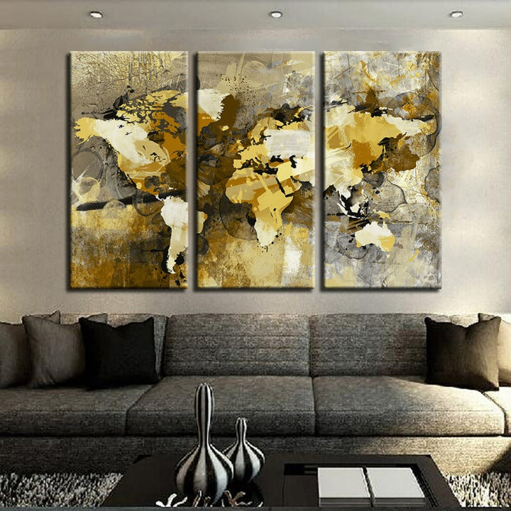 Beautiful Abstract Yellow Brown World Map-Canvas Wall Art Painting 3 Pieces | Bowlift