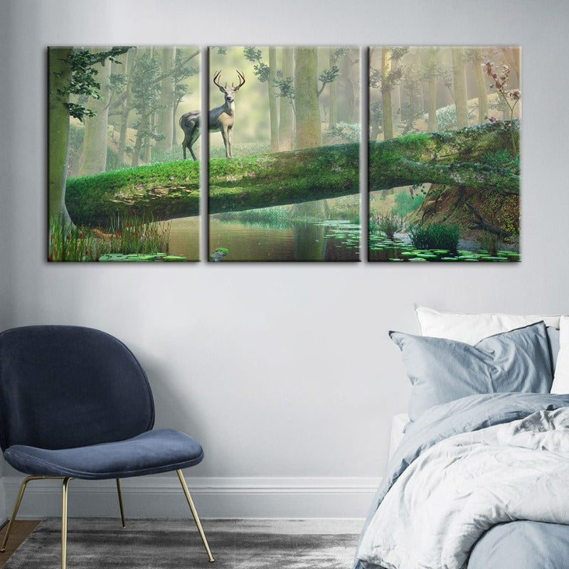 Enchanted Forest Deer-Canvas Wall Art Painting 3 Pieces | Bowlift