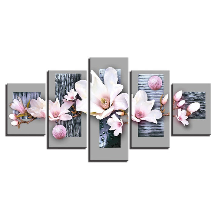 5 Piece Blue Wooden Background Pink Hue Flower - Canvas Wall Art Painting | Bowlift