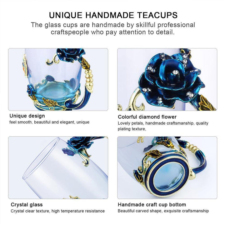 Enamel Rose Glass Tea Cup Set (With Spoon) | Bowlift