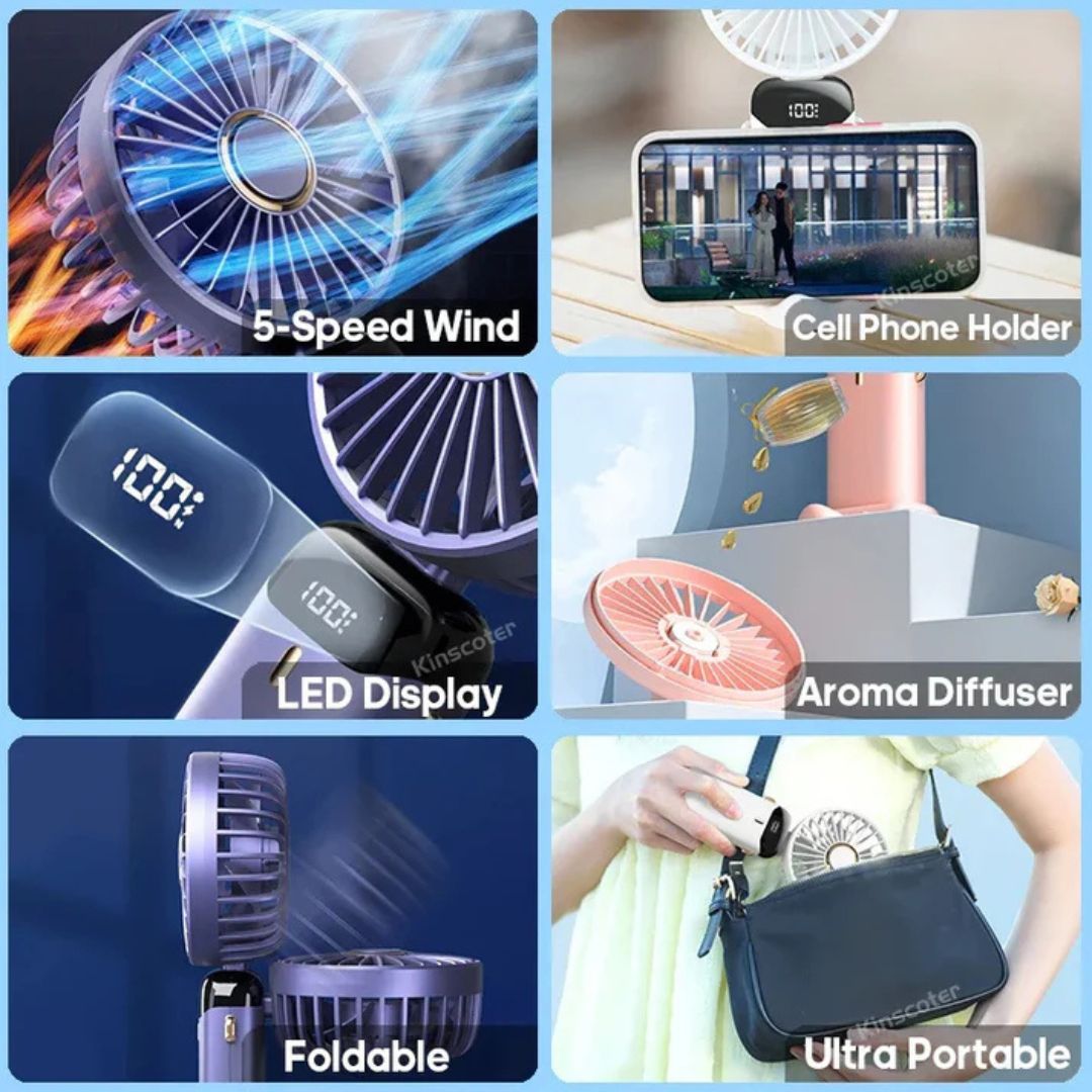 BowLift | Rechargeable Handheld Mini Fan | 5-Speed, 90-Degree Adjustable & Quiet for Office, Home & Outdoor Use