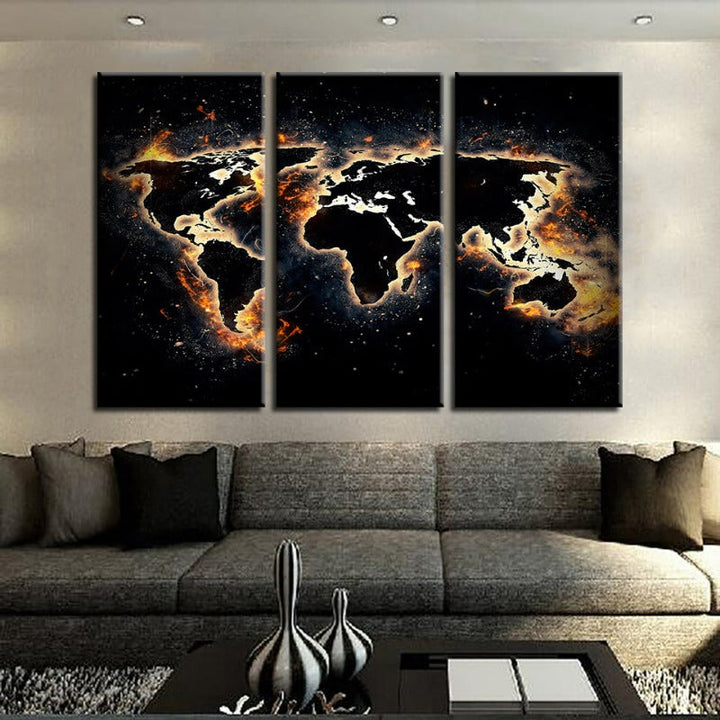 Fire and Black World Map-Canvas Wall Art Painting 3 Pieces | Bowlift