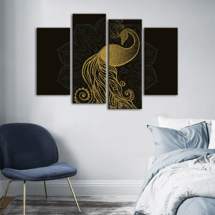 Abstract Golden Mandala Peacock-Canvas Wall Art Painting 4 Pieces | Bowlift